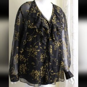 Ralph Lauren Sz  Black Chiffon Sheer Ruffled Romantic Printed Tunic Top 2X